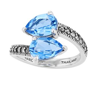 Lavish by TJM Sterling Silver Simulated Blue Quartz & Marcasite 2-stone Ring