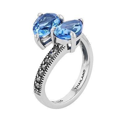 Lavish by TJM Sterling Silver Simulated Blue Quartz & Marcasite 2-stone Ring