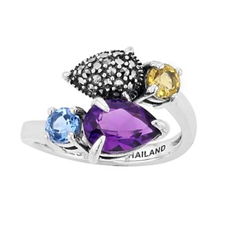 Lavish by TJM Sterling Silver Amethyst & Simulated Blue Quartz & Simulated Citrine with Marcasite 2-stone Ring