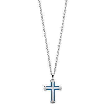 Diamond Brilliance Men's Blue & Silver Tone Stainless Steel 1/10 Carat T.W. Lab-Created Diamond Cross Pendant Necklace