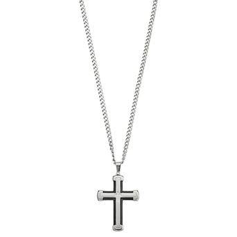 Diamond Brilliance Men's Black & Silver Tone Stainless Steel 1/10 Carat T.W. Black Lab-Created Diamond Cross Pendant Necklace