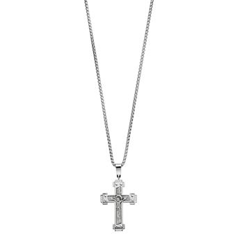 Diamond Brilliance Men's Silver Tone Stainless Steel 1/10 Carat T.W. Lab-Created Diamond Crucifix Pendant Necklace