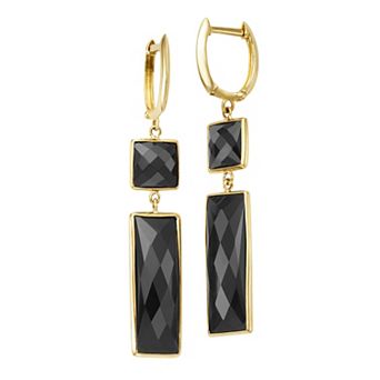 Jewelmak 14k Yellow Gold & Black Onyx Double Bezel Hoop Dangle Earrings
