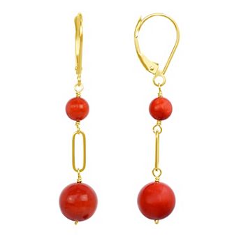 Jewelmak 14k Gold Red Coral Paperclip Leverback Earrings