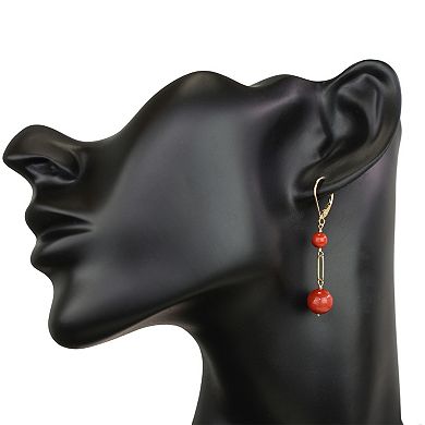 Jewelmak 14k Gold Red Coral Paperclip Leverback Earrings