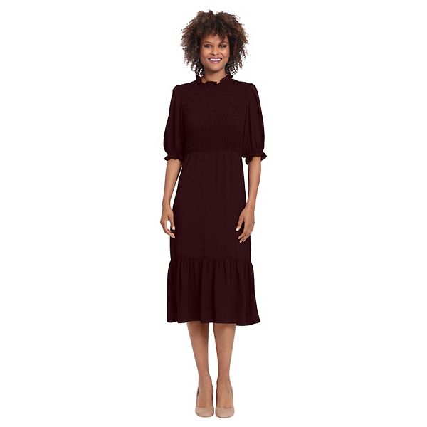 Women s Petite London Times Smocked Puff Sleeve Midi Dress