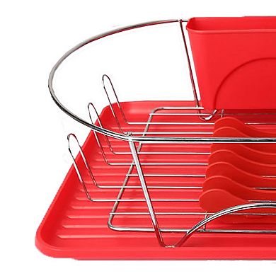 MegaChef Pro 17 Inch Red and Silver Dish Rack with Detachable Utensil holder and a 6 Attachable Plate Positioner