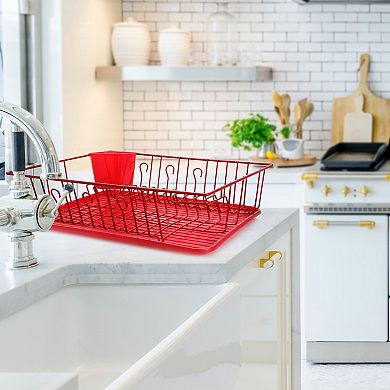 MegaChef Pro 17.5 Inch Red Dish Rack with 14 Plate Positioners and a Detachable Utensil Holder