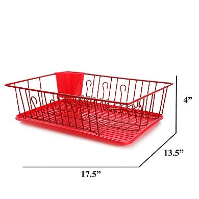 MegaChef Pro 17.5 Inch Red Dish Rack with 14 Plate Positioners and a Detachable Utensil Holder