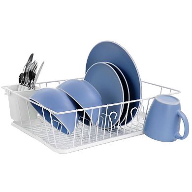 MegaChef Pro 17.5 Inch White Single Level Dish Rack with 14 Plate Positioners and a Detachable Utensil Holder