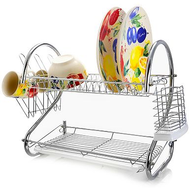 MegaChef Pro 16 Inch Two Shelf Dish Rack with Easily Removable Draining Tray, 6 Cup Hangers and Removable Utensil Holder