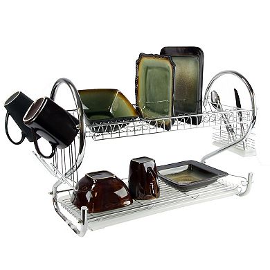 MegaChef Pro 16 Inch Two Shelf Dish Rack with Easily Removable Draining Tray, 6 Cup Hangers and Removable Utensil Holder