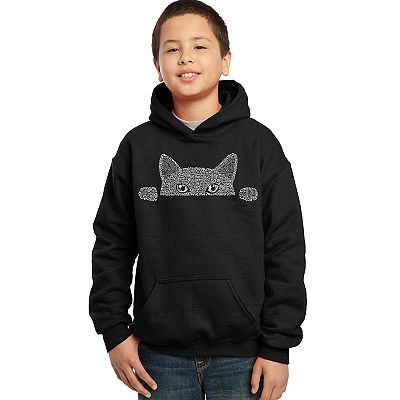 La Pop Art Boy s Word Art Hooded Sweatshirt Peeking Cat Medium Black