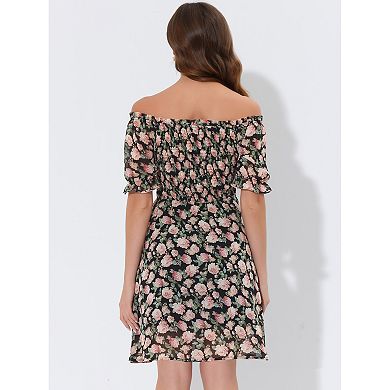 Women's Floral Off Shoulder Short Sleeve Smocked Dress