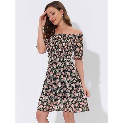 off shoulder black fitted dress Chana Off Shoulder Mini Dress in Black Rib with Lace Trim