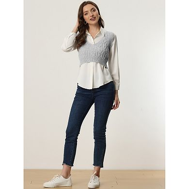 Women's Cable Knit Crop Sweater Vest Deep V-Neck Knitwear Tank Tops