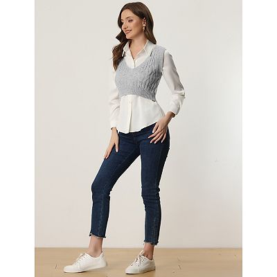 Women's Cable Knit Crop Sweater Vest Deep V-Neck Knitwear Tank Tops
