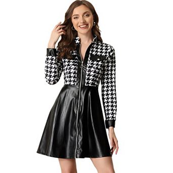 Women's Pu Faux Leather Houndstooth Patchwork Zipper Up Club Party A-line Dress