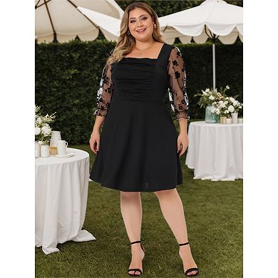 Plus Size Dress for Women Square Neck Sheer Long Sleeve Ruffle Flowy A-Line Midi Dresses