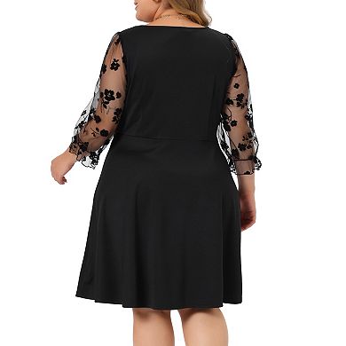 Plus Size Dress for Women Square Neck Sheer Long Sleeve Ruffle Flowy A-Line Midi Dresses