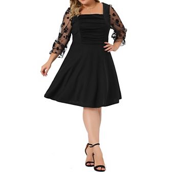 Plus Size Dress for Women Square Neck Sheer Long Sleeve Ruffle Flowy A-Line Midi Dresses