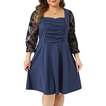 Plus Size Dress for Women Square Neck Sheer Long Sleeve Ruffle Flowy A-Line Midi Dresses