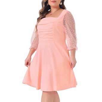 Plus Size Dress for Women Square Neck Sheer Long Sleeve Ruffle Flowy A-Line Midi Dresses