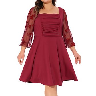 Plus Size Dress for Women Square Neck Sheer Long Sleeve Ruffle Flowy A-Line Midi Dresses
