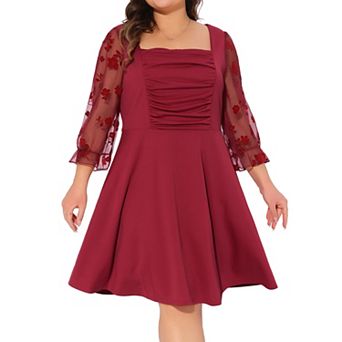 Plus Size Dress for Women Square Neck Sheer Long Sleeve Ruffle Flowy A-Line Midi Dresses