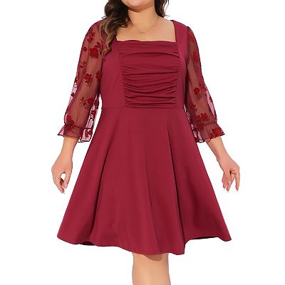 Plus Size Dress for Women Square Neck Sheer Long Sleeve Ruffle Flowy A-Line  Midi Dresses