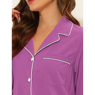 Women's Summer Notched Lapel Short Sleeves Button Down Sleepshirt