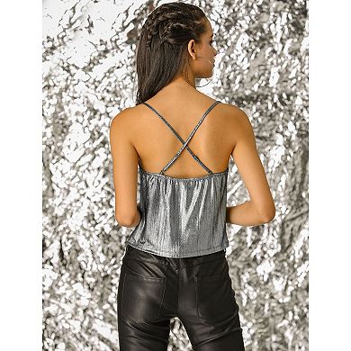 Women's Metallic Glitter Spaghetti Strap Camisole Cowl Neck Sparkly Club Top