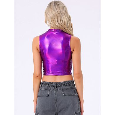 Metallic Crop Tops For Women's Mock Neck Zip Up Shiny Holographic Tank Top