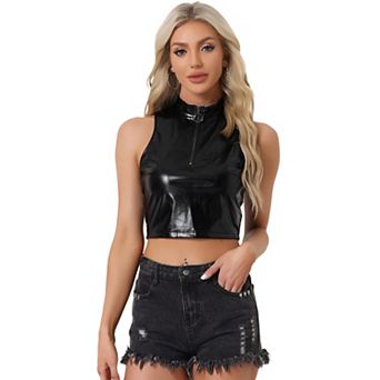 Metallic Crop Tops For Women's Mock Neck Zip Up Shiny Holographic Tank Top