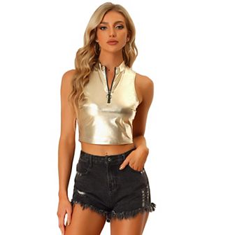 Metallic Crop Tops For Women's Mock Neck Zip Up Shiny Holographic Tank Top