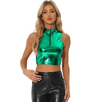 Metallic Crop Tops For Women's Mock Neck Zip Up Shiny Holographic Tank Top
