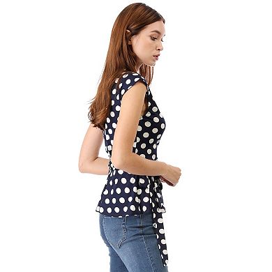 Women's Sleeveless V-neck Self Tie Wrap Front Dotted Top