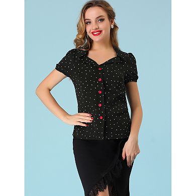 Women's Polka Dots Bubble Sleeve Button Up Peter Pan Collar Blouse