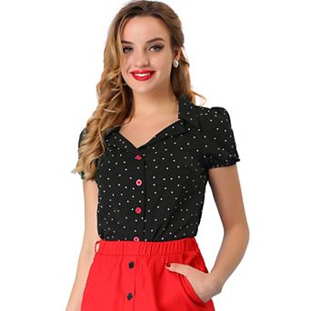 Women's Polka Dots Bubble Sleeve Button Up Peter Pan Collar Blouse