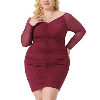 Women Plus Size Off Shoulder Mesh 3/4 Sleeve Stretchy Ruched Cocktail Pencil Mini Bodycon Dress