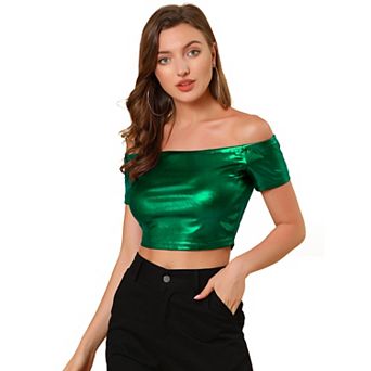 Women's Metallic Shiny Party Off Shoulder Crop Top