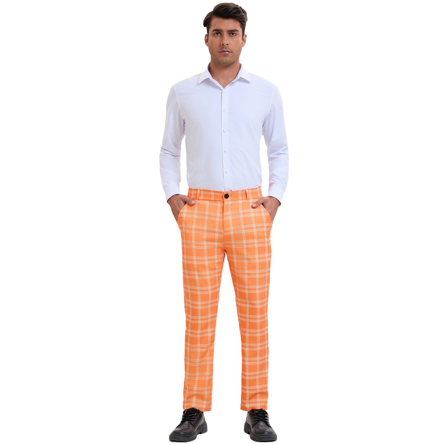 Men's Plaid Dress Pants Flat Front Regular Fit Business Checked