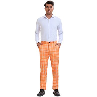Men's Plaid Dress Pants Flat Front Regular Fit Business Checked Trousers