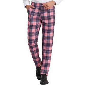 Men's Plaid Dress Pants Flat Front Regular Fit Business Checked Trousers