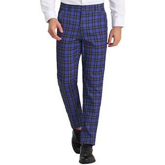 Men's Plaid Dress Pants Flat Front Regular Fit Business Checked Trousers