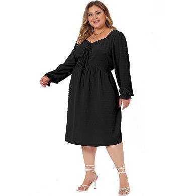 Women plus size Long sleeve sweetheart Neck Bow Tie Swing Ruffle Babydoll Swiss Dot midi Boho Dress