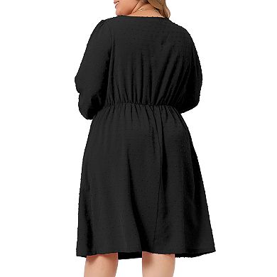 Women plus size Long sleeve sweetheart Neck Bow Tie Swing Ruffle Babydoll Swiss Dot midi Boho Dress