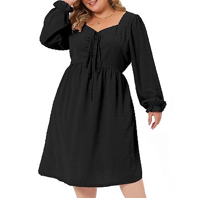 Women plus size Long sleeve sweetheart Neck Bow Tie Swing Ruffle Babydoll Swiss Dot midi Boho Dress