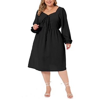 Women plus size Long sleeve sweetheart Neck Bow Tie Swing Ruffle Babydoll Swiss Dot midi Boho Dress