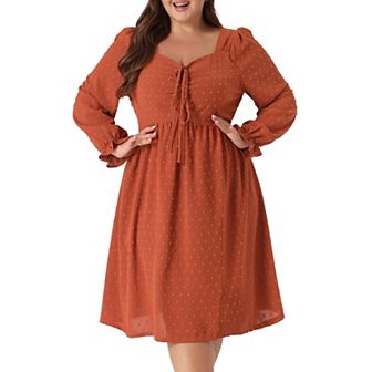 Women plus size Long sleeve sweetheart Neck Bow Tie Swing Ruffle Babydoll Swiss Dot midi Boho Dress
